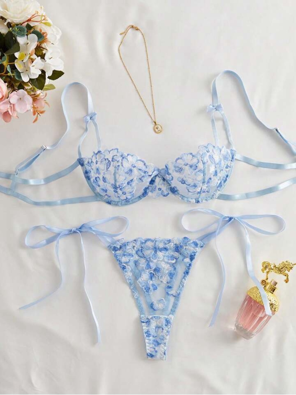 Light Blue Floral Lace Underwire Bra & Tie-Side Thong Set